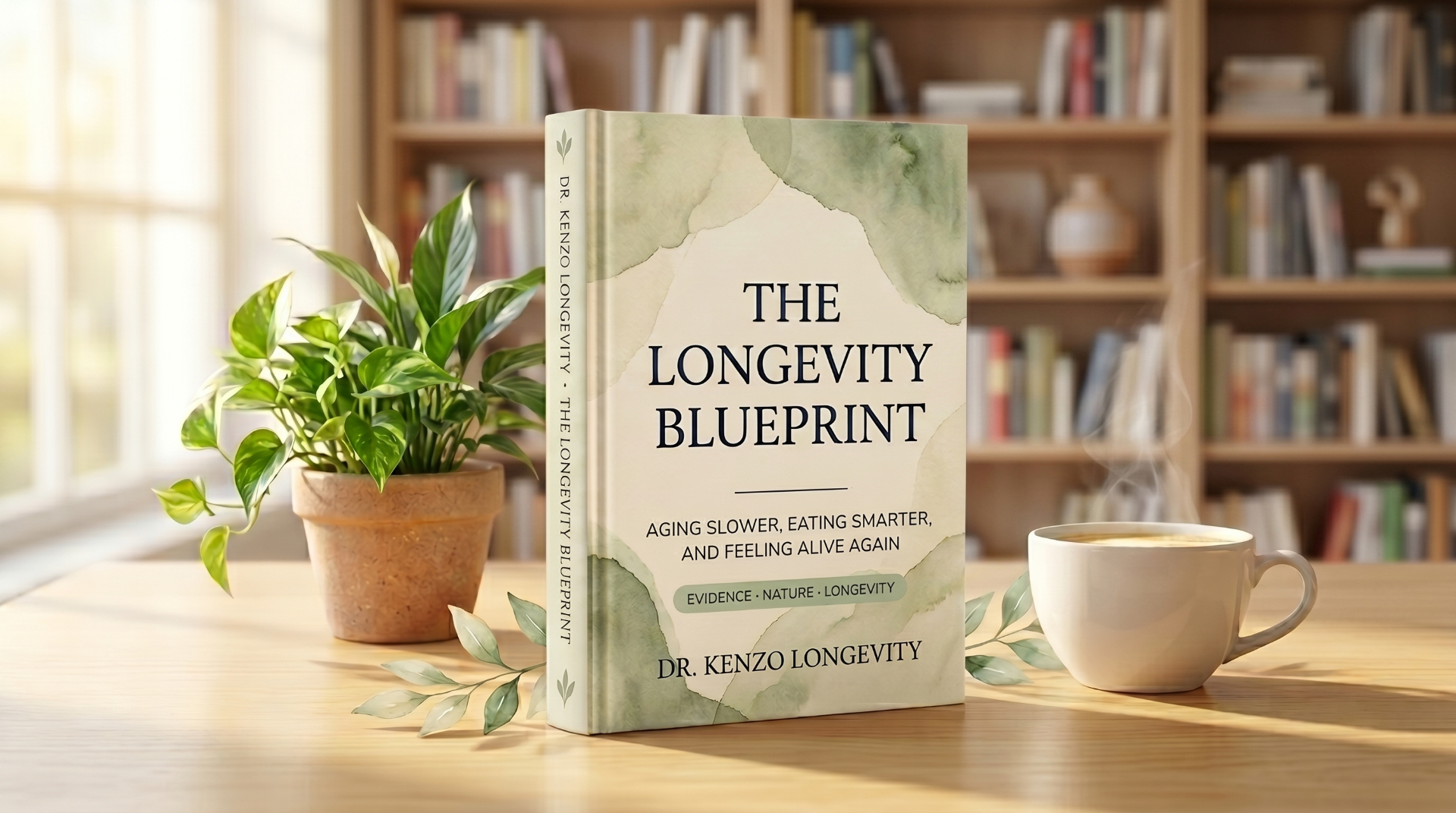The Longevity Blueprint by Dr. Kenzo Longevity, photographed beside a plant and steaming coffee on a wooden desk